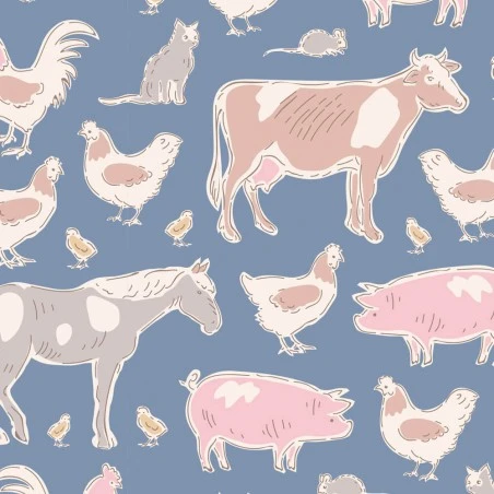 Tela De Algodón Tilda - Maple Farm - Animals - Blue 3 Tela De Algodón Tilda - Maple Farm - Animals - Blue